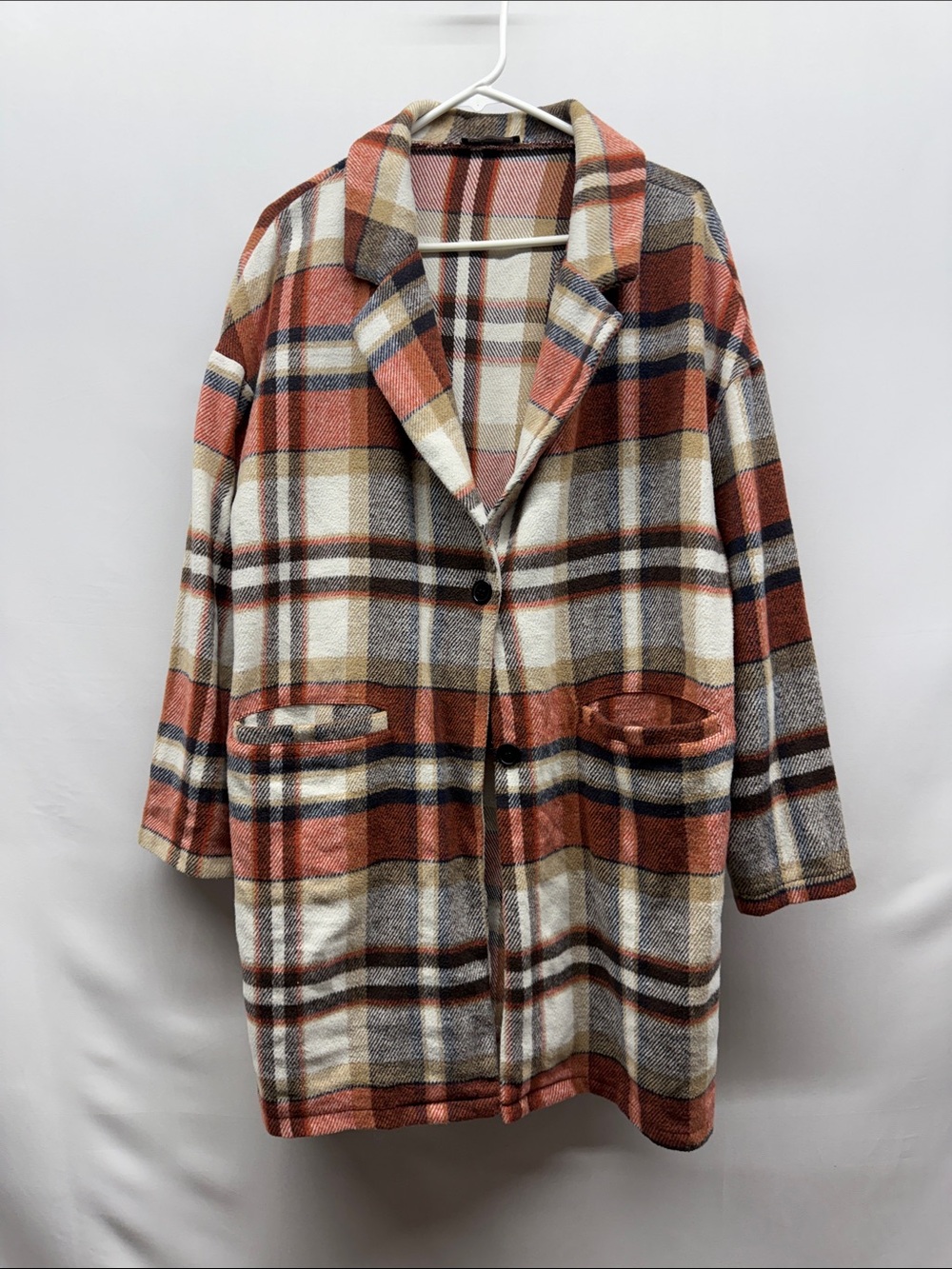 Women's Plaid Single-Breasted Pea Coat in Rust & Cream